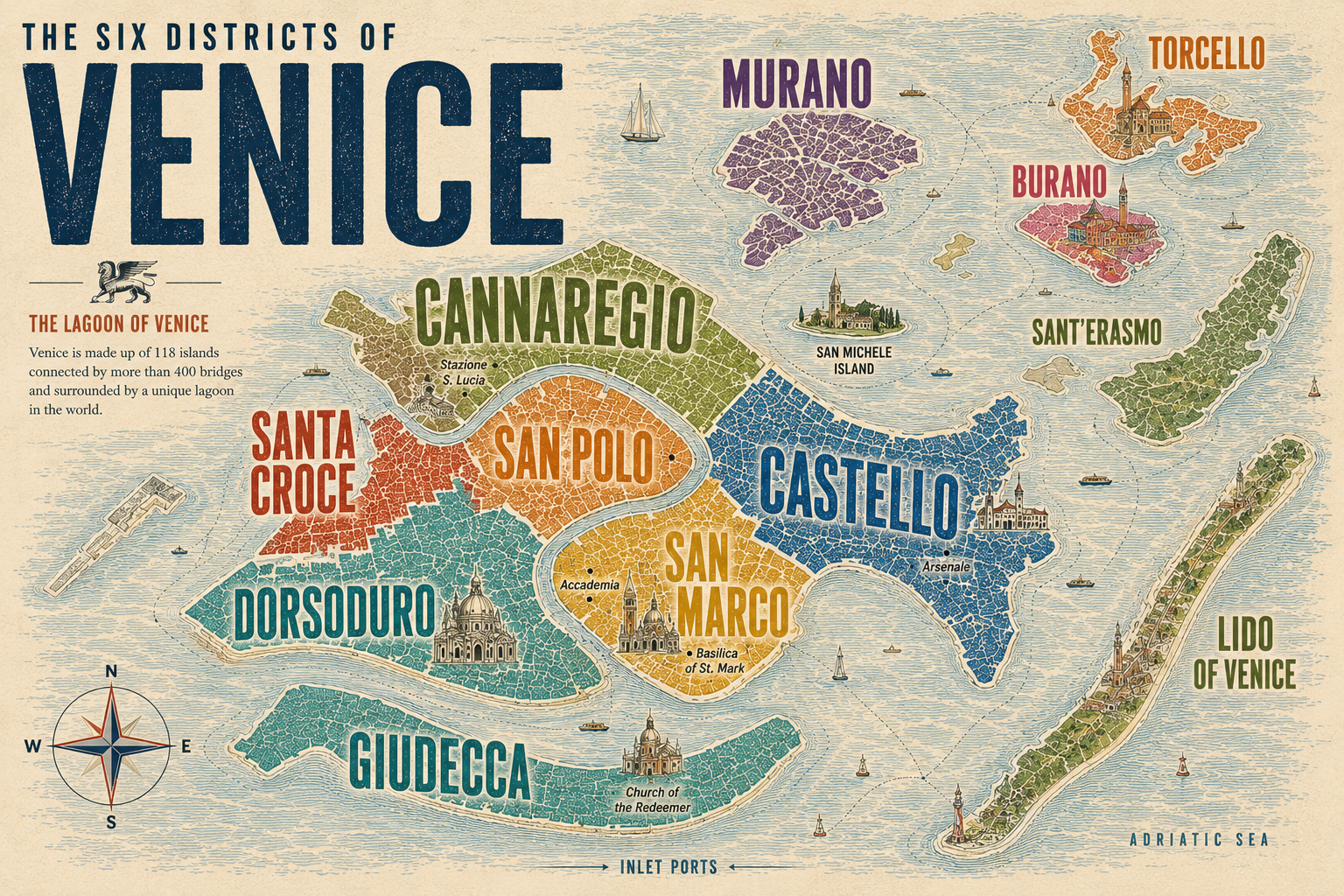 Illustrated map of Venice showing the six sestieri and nearby lagoon islands